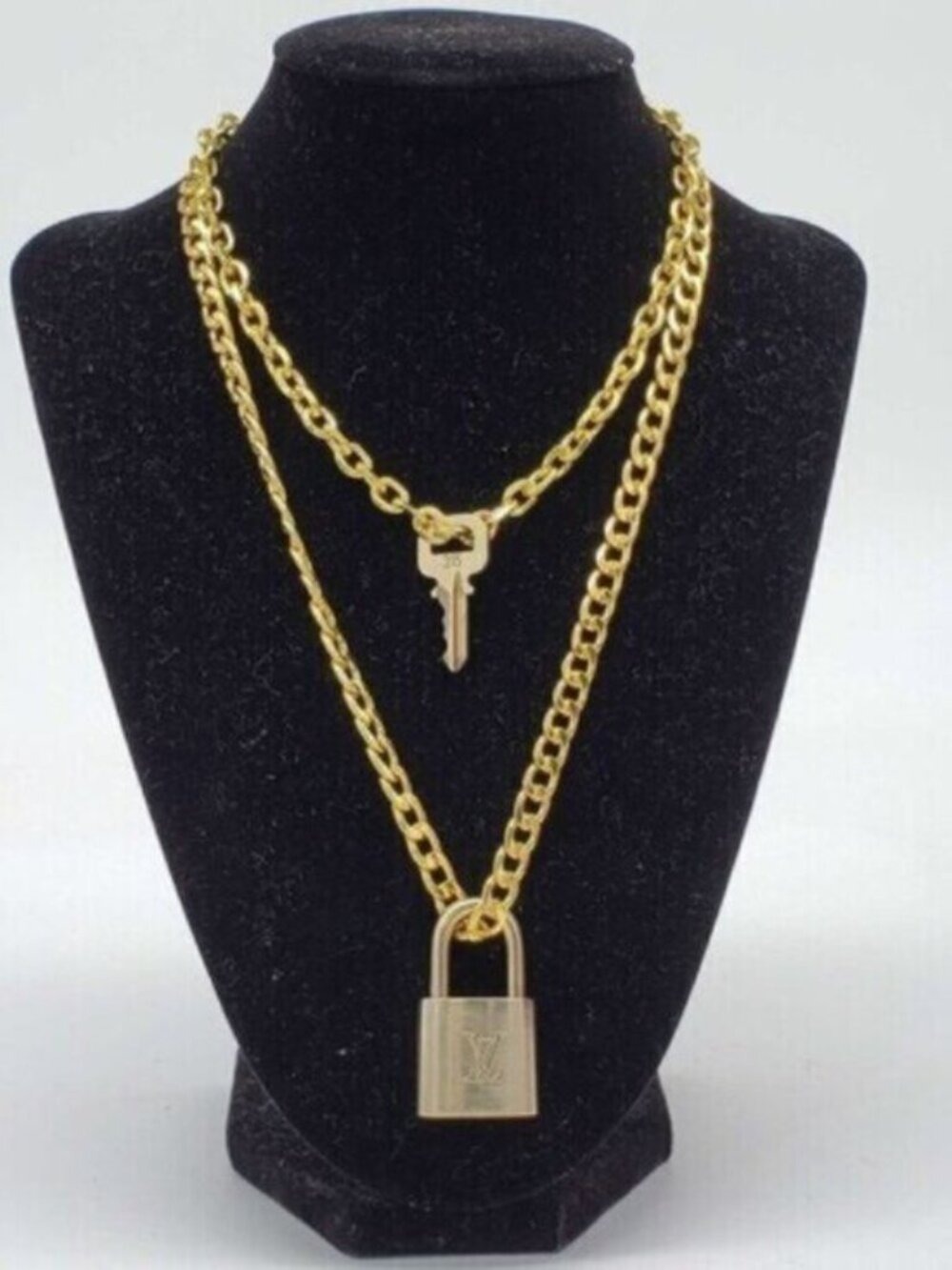 Authentic Louis Vuitton Lock & Key w/ 18k Gold Plated Stainless 2 Necklaces - Picture 4 of 13